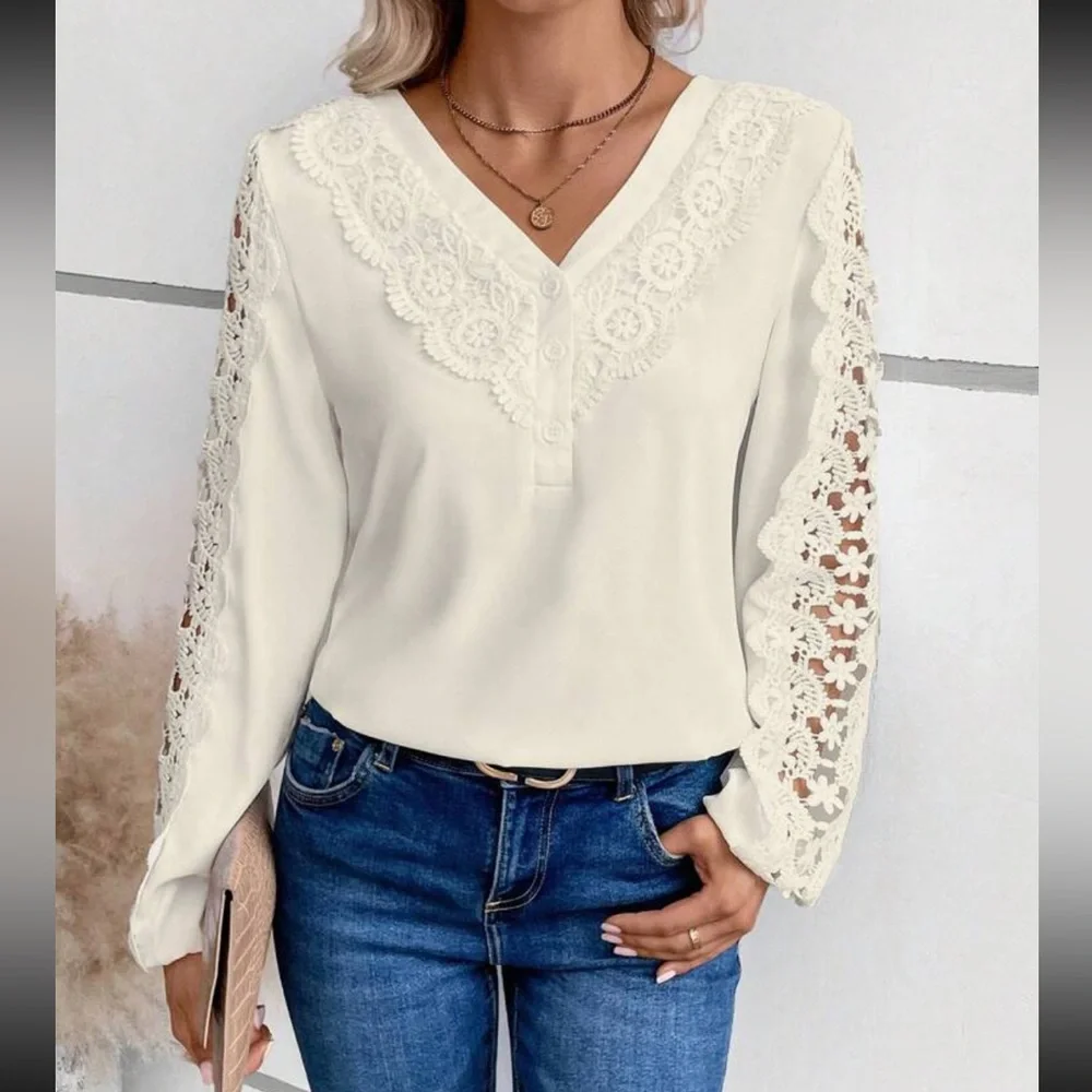 Luxe lace detail V neck blouse